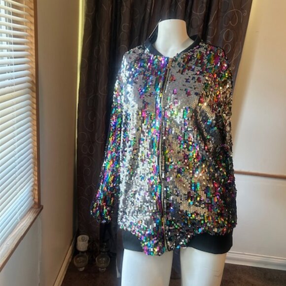 Cresay multi-color sequin zip front bomber jacket, size XL - Picture 2 of 5